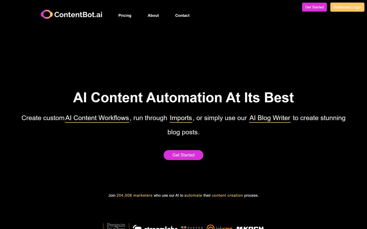 ContentBot's homepage headed "AI Content Automation At Its Best", offering AI Content Workflows, Imports and an AI Blog Writer