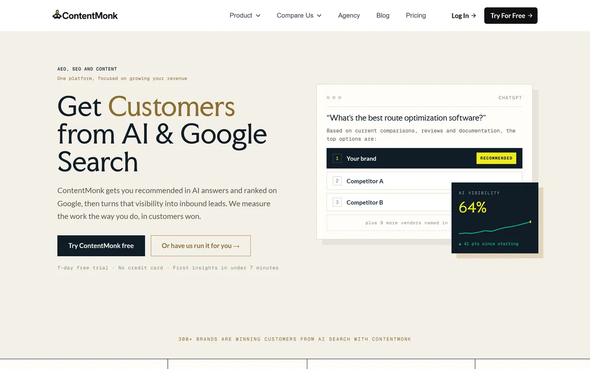 ContentMonk homepage showing AI visibility tracking across ChatGPT, Perplexity and Google AI Overviews