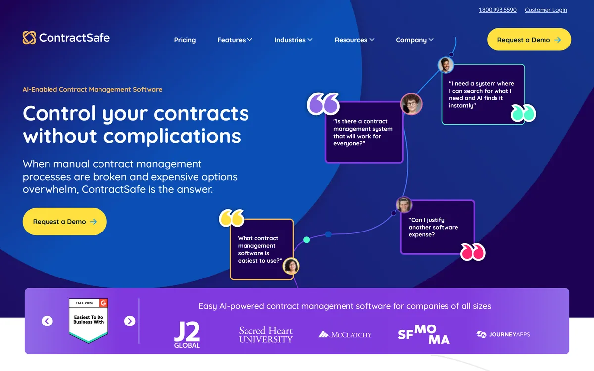 ContractSafe homepage showing the contract management platform
