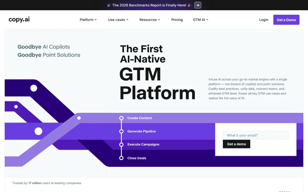 Copy.ai's homepage presenting it as a go-to-market AI platform rather than a copywriting tool