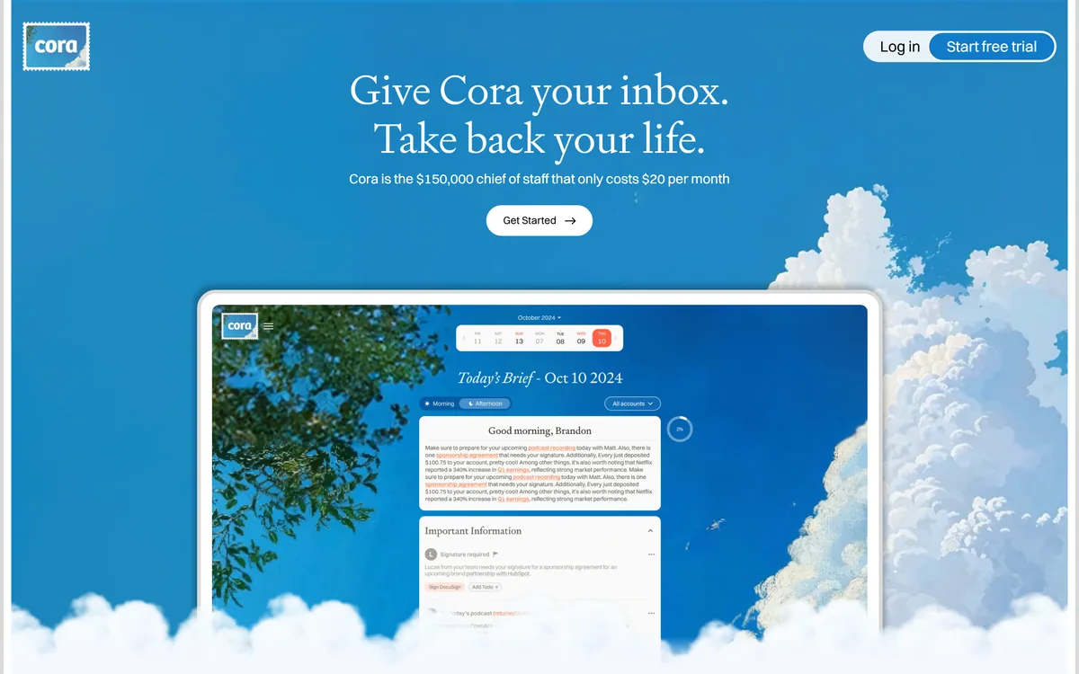 Cora homepage showing the AI email assistant