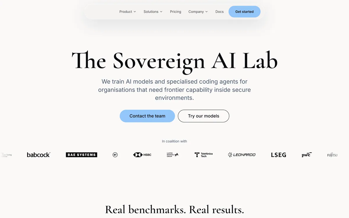 The Cosine homepage describing a sovereign AI lab and specialist coding models