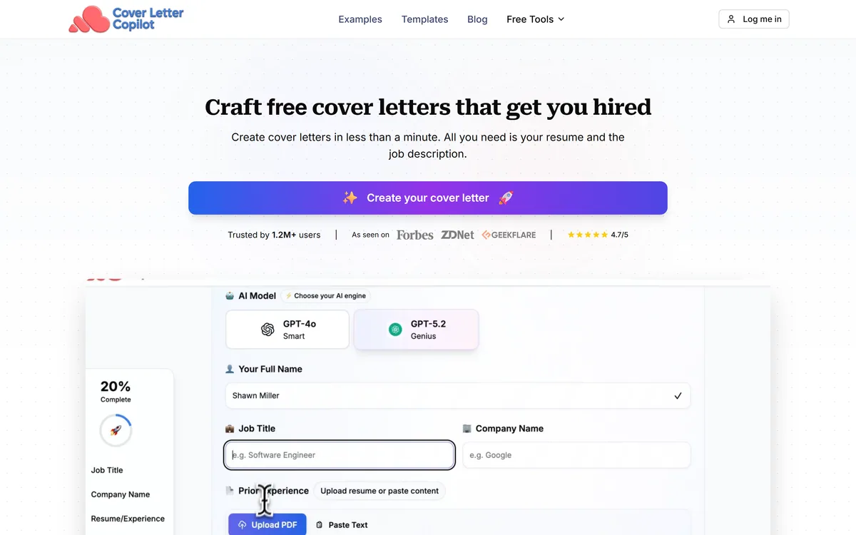 Cover Letter Copilot homepage showing the cover letter generator