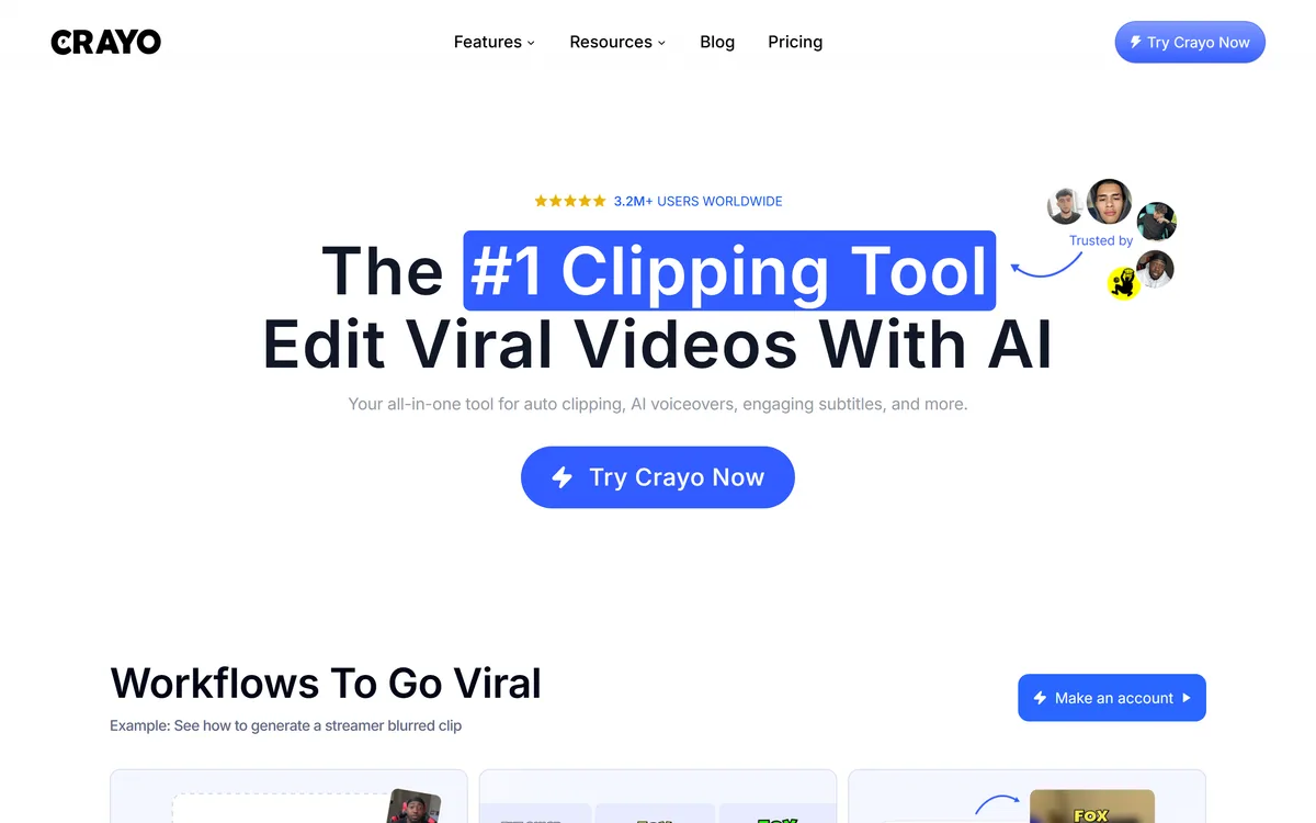 The Crayo homepage calling itself the number one clipping tool for viral videos
