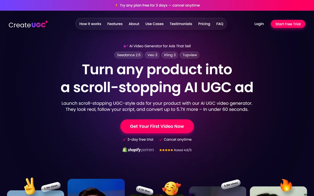 CreateUGC's homepage describing an AI video generator that turns products into UGC-style ads