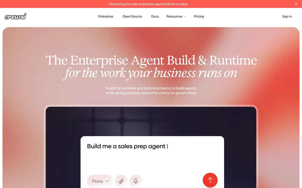 The CrewAI homepage describing an enterprise agent build and runtime platform