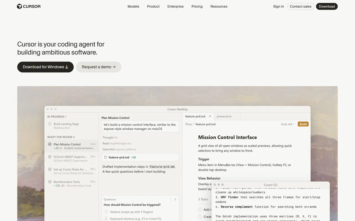 Cursor homepage hero presenting it as a coding agent for building ambitious software