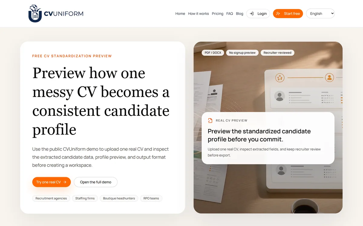 CVUniform's free standardisation preview page, headlined "Preview how one messy CV becomes a consistent candidate profile", with badges for PDF/DOCX, no signup preview, and recruiter-reviewed
