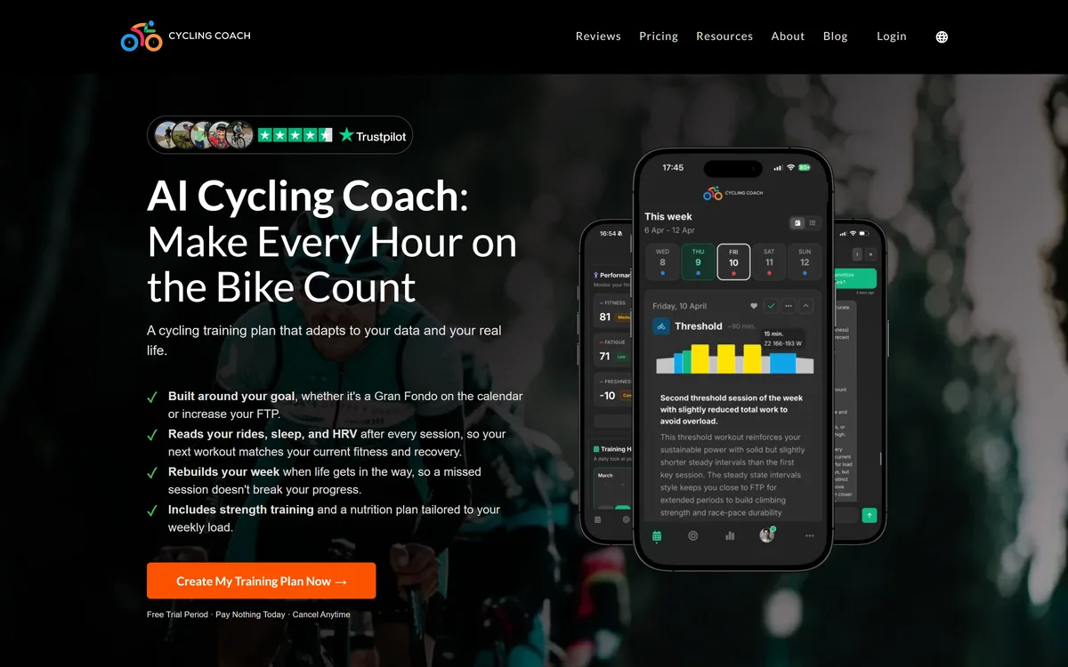 Cycling Coach AI homepage showing adaptive cycling training plans