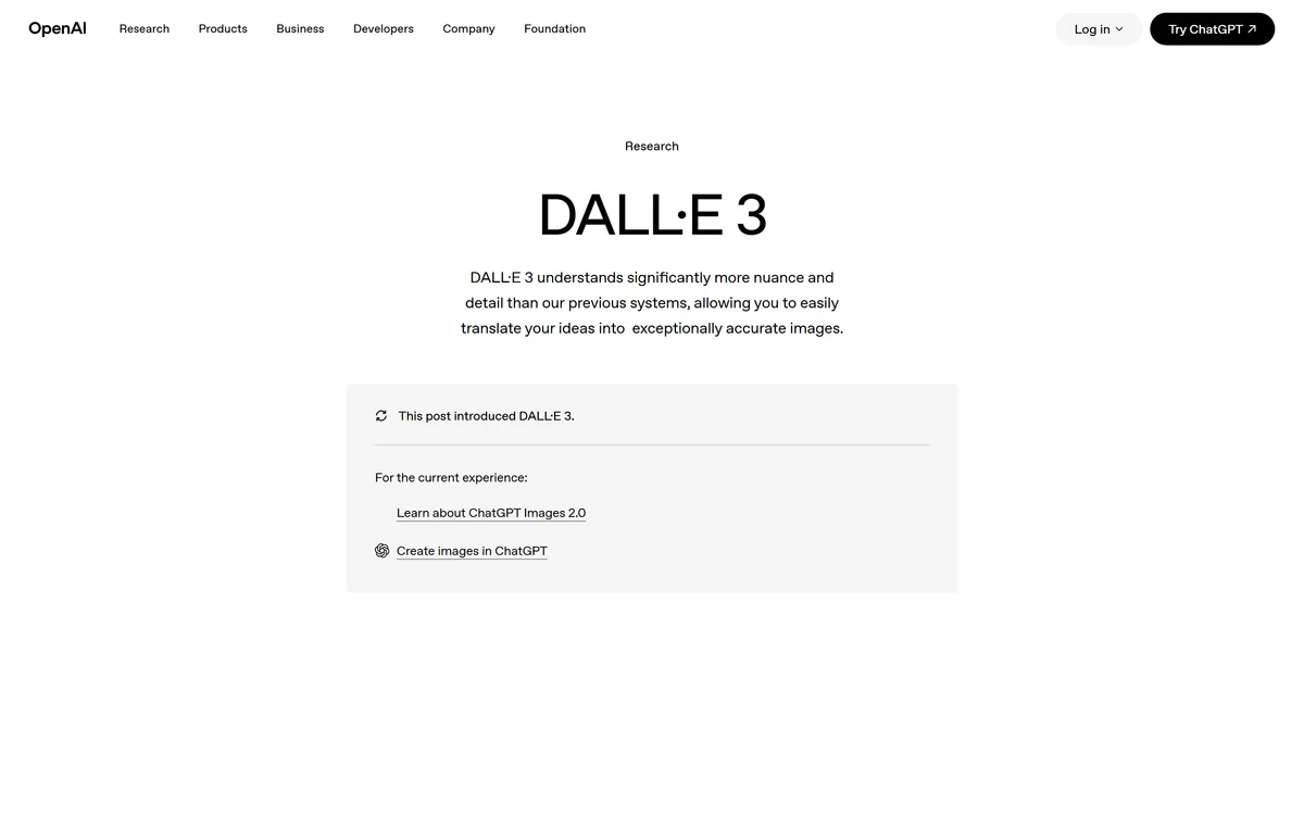 OpenAI's DALL-E 3 research page, now carrying a notice reading 'This post introduced DALL-E 3' with links to ChatGPT Images 2.0 and creating images in ChatGPT