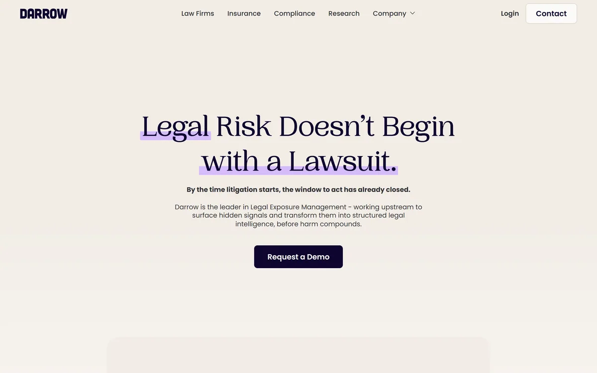Darrow homepage showing the legal exposure management positioning