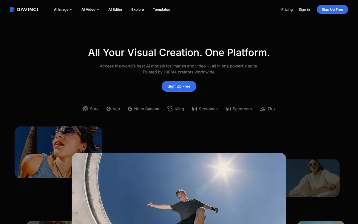 The DaVinci AI creative studio homepage for images, video and voice