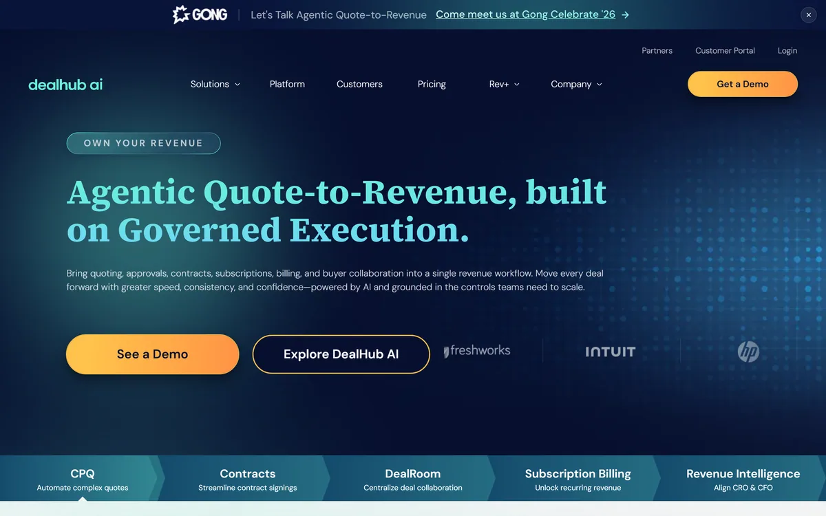 The DealHub homepage describing an agentic quote-to-revenue platform