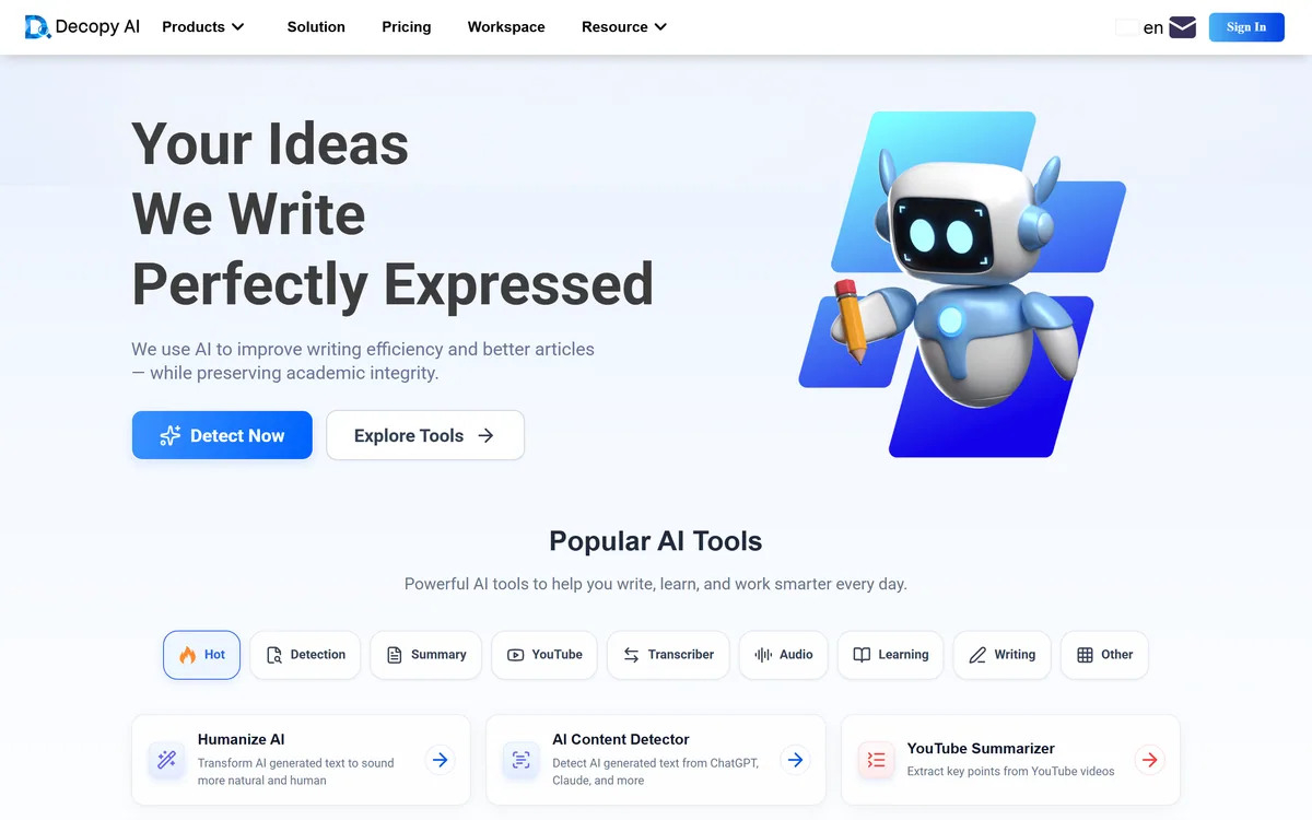 Decopy AI's homepage offering free AI writing and study tools including humanizing and detection