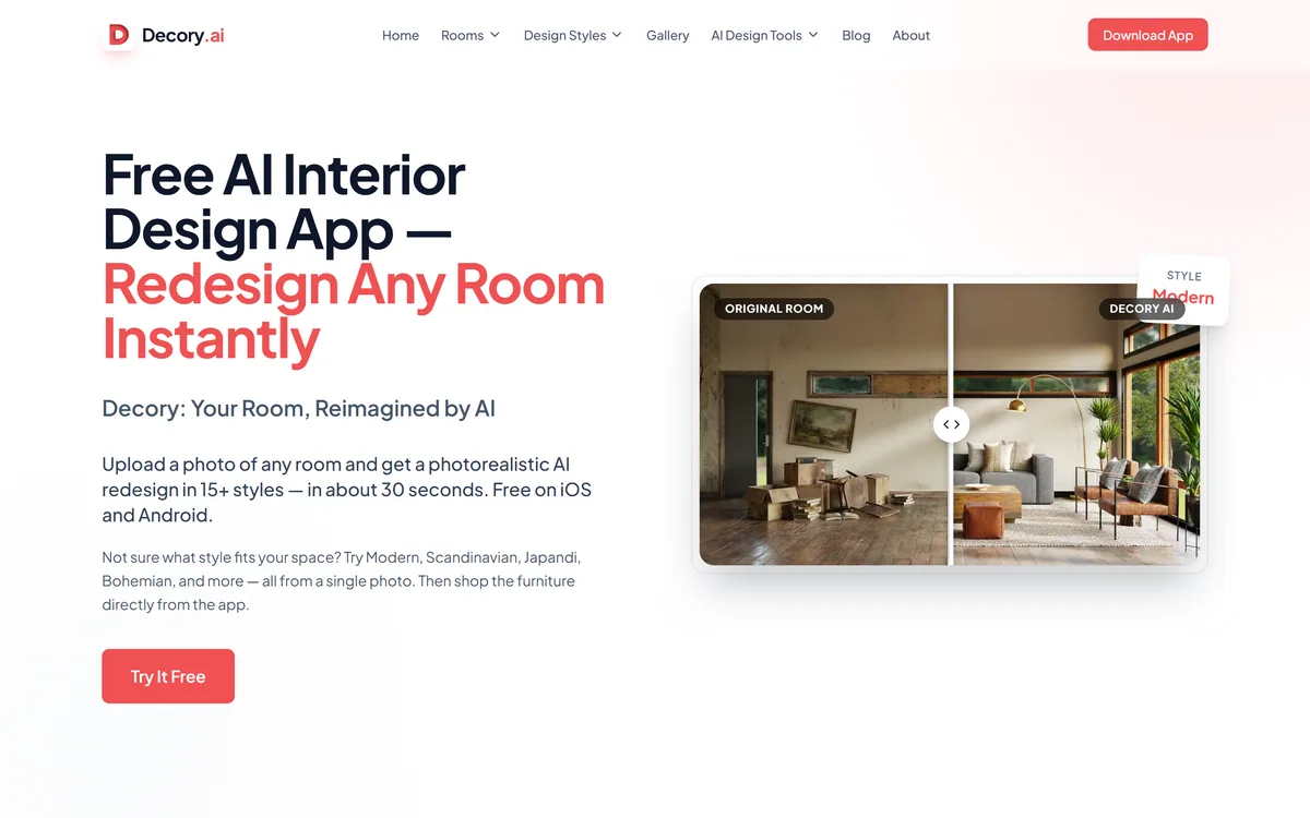 Decory homepage showing the AI interior design app