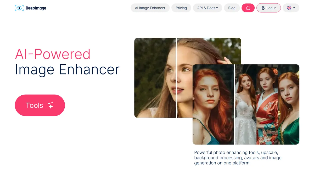 The Deep-Image.ai homepage showing an AI image enhancer and generator