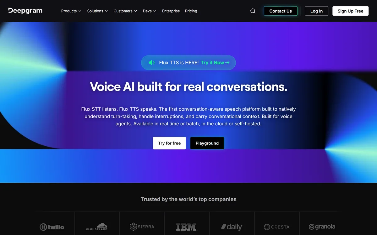 Deepgram homepage showing speech-to-text, text-to-speech and voice agent APIs for developers