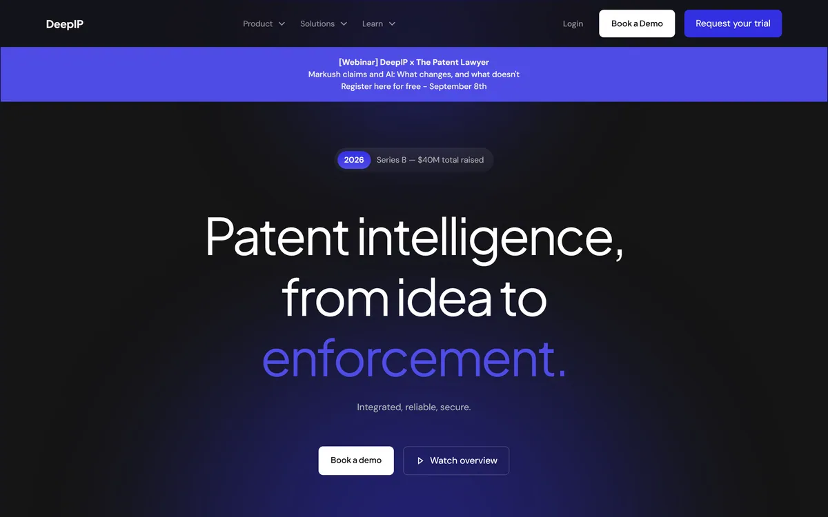 DeepIP homepage showing the patent intelligence platform