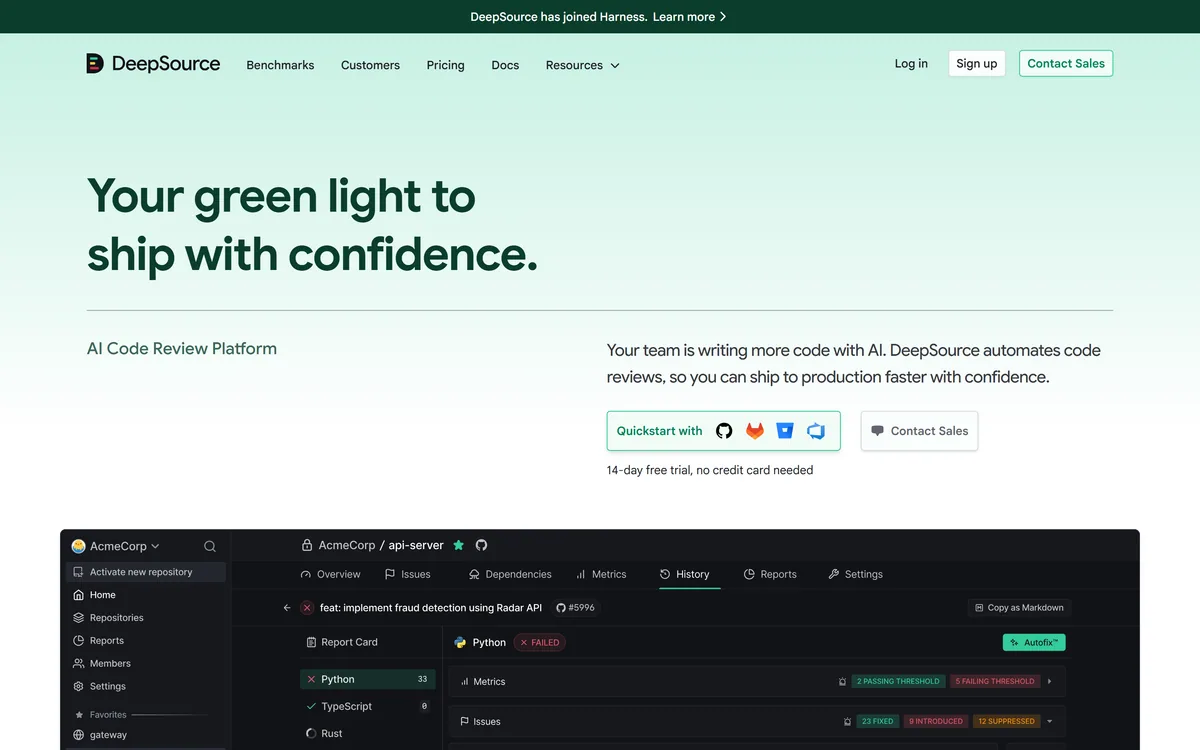 DeepSource homepage showing the AI code review platform