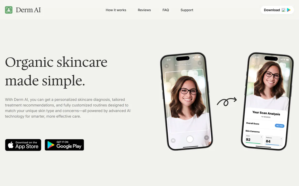 Derm AI homepage showing the skincare analysis app