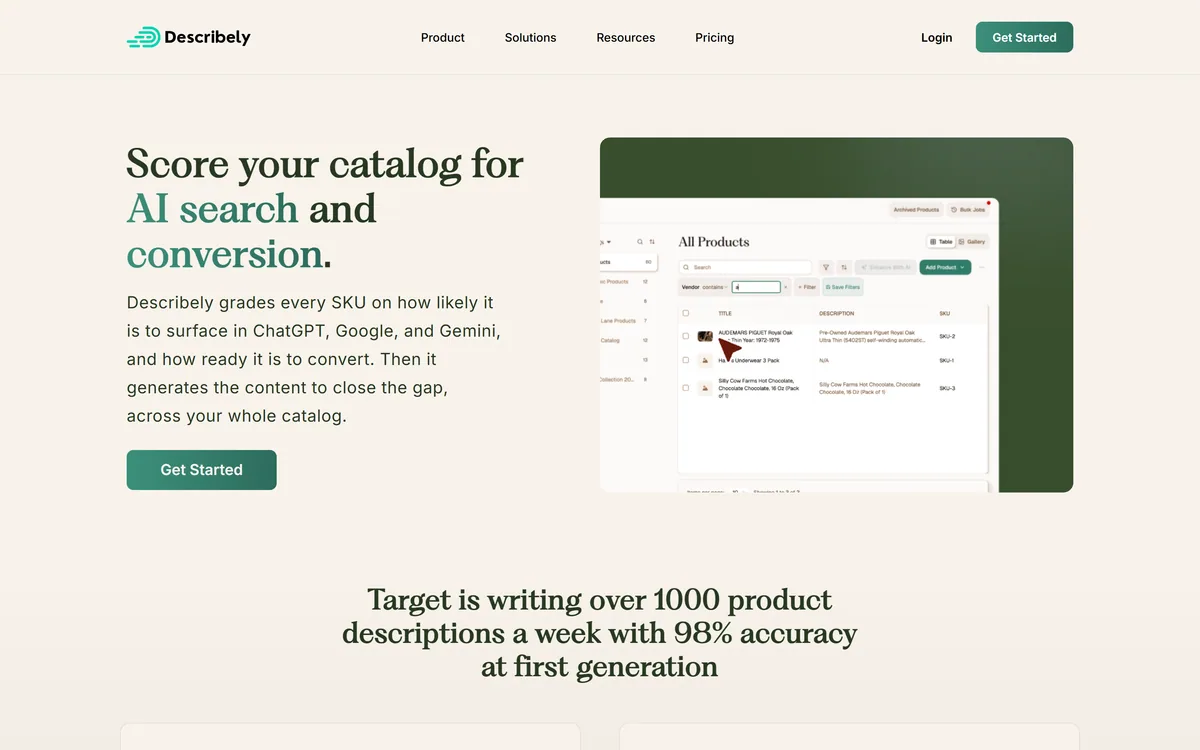 Describely homepage showing the product content generation platform