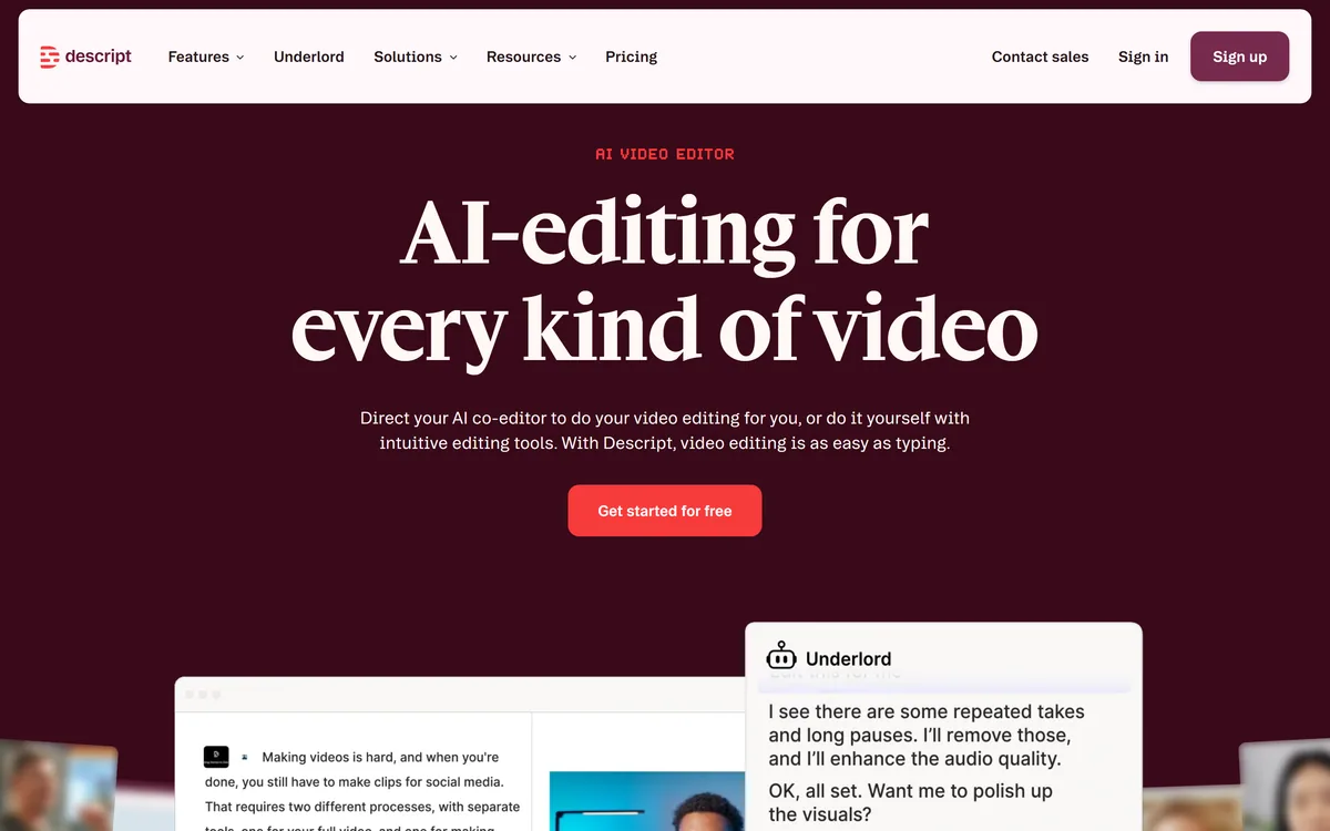 Descript's homepage introducing its transcript-based video and audio editor