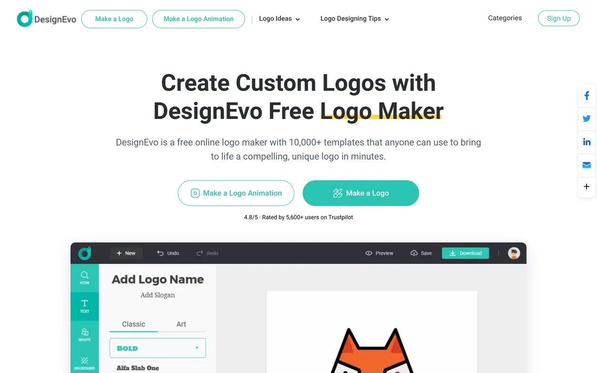 DesignEvo's homepage describing a free online logo maker with over 10,000 templates