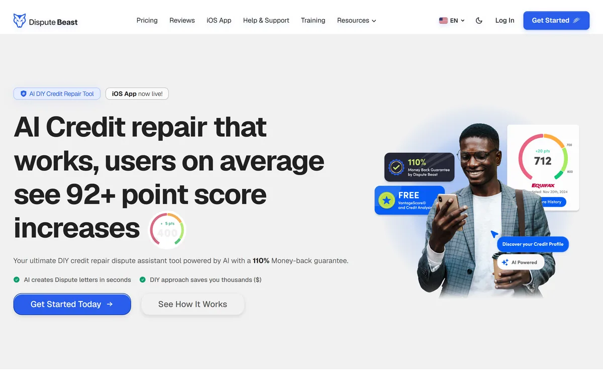 The Dispute Beast homepage describing an AI DIY credit-repair dispute tool