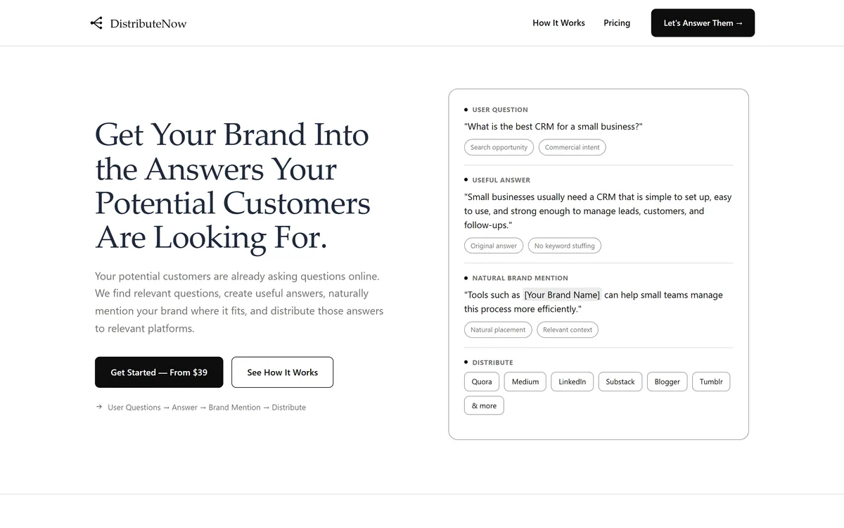 DistributeNow homepage showing its four-stage flow from a user question to an answer, a brand mention and distribution to platforms
