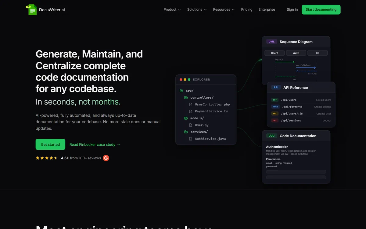 The DocuWriter.ai homepage describing AI code documentation for any codebase
