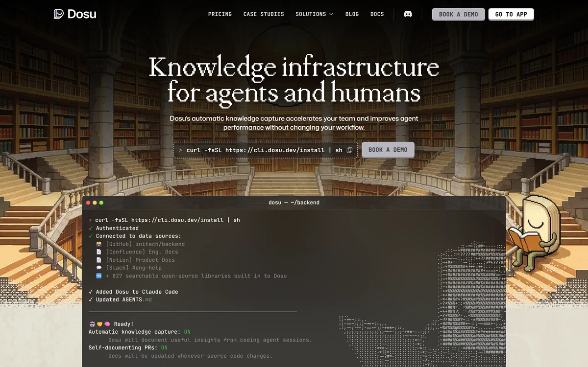 Dosu homepage showing the knowledge infrastructure product