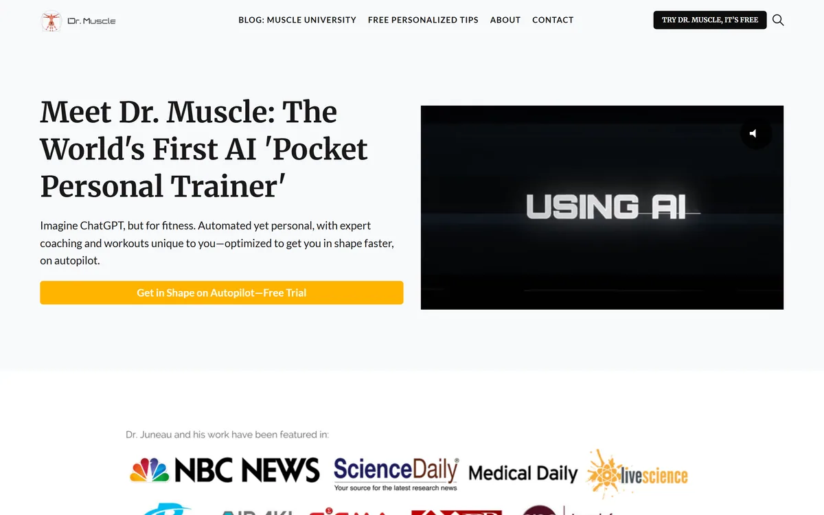 Dr. Muscle homepage showing the AI pocket personal trainer