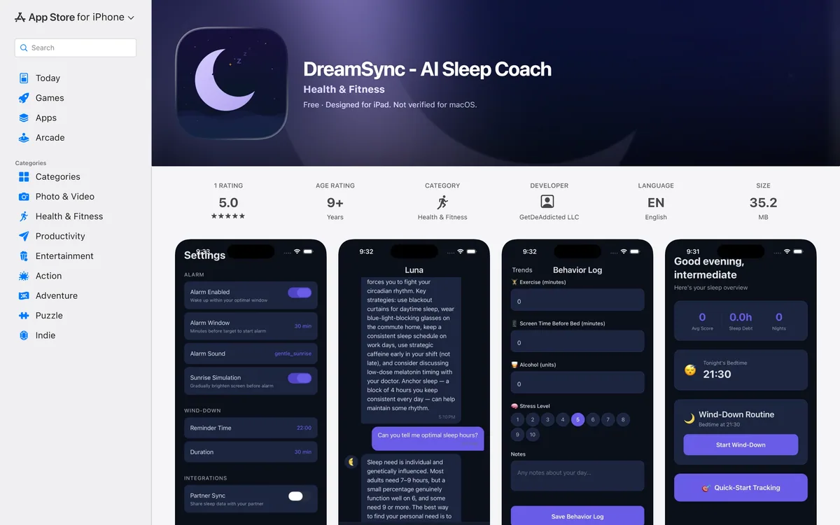 DreamSync AI Sleep Coach listing on the App Store showing sleep tracking and CBT-I features