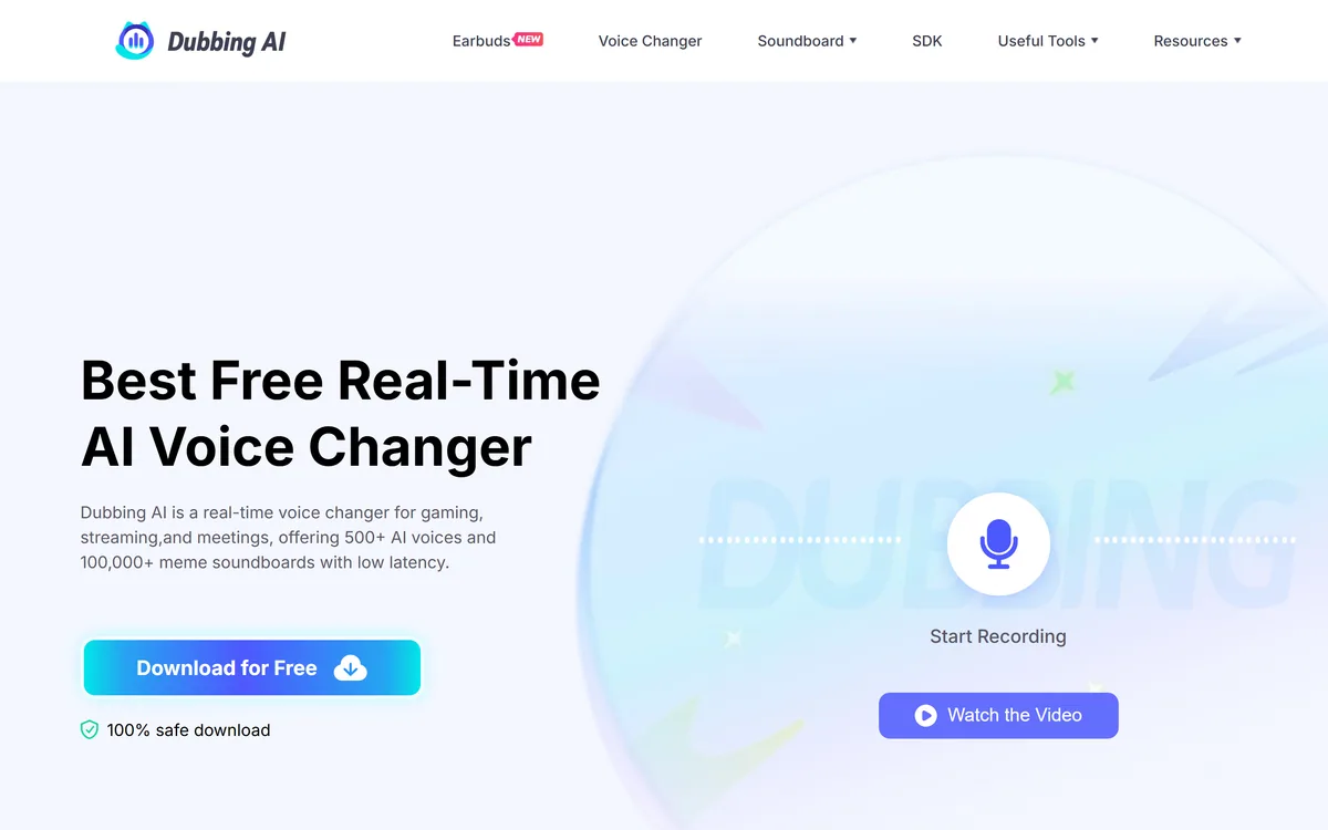 Dubbing AI homepage showing the real-time voice changer