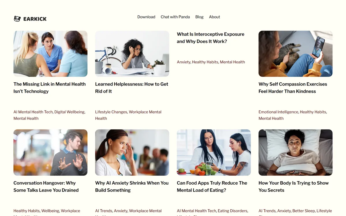 The Earkick site, which now serves the Earkick blog