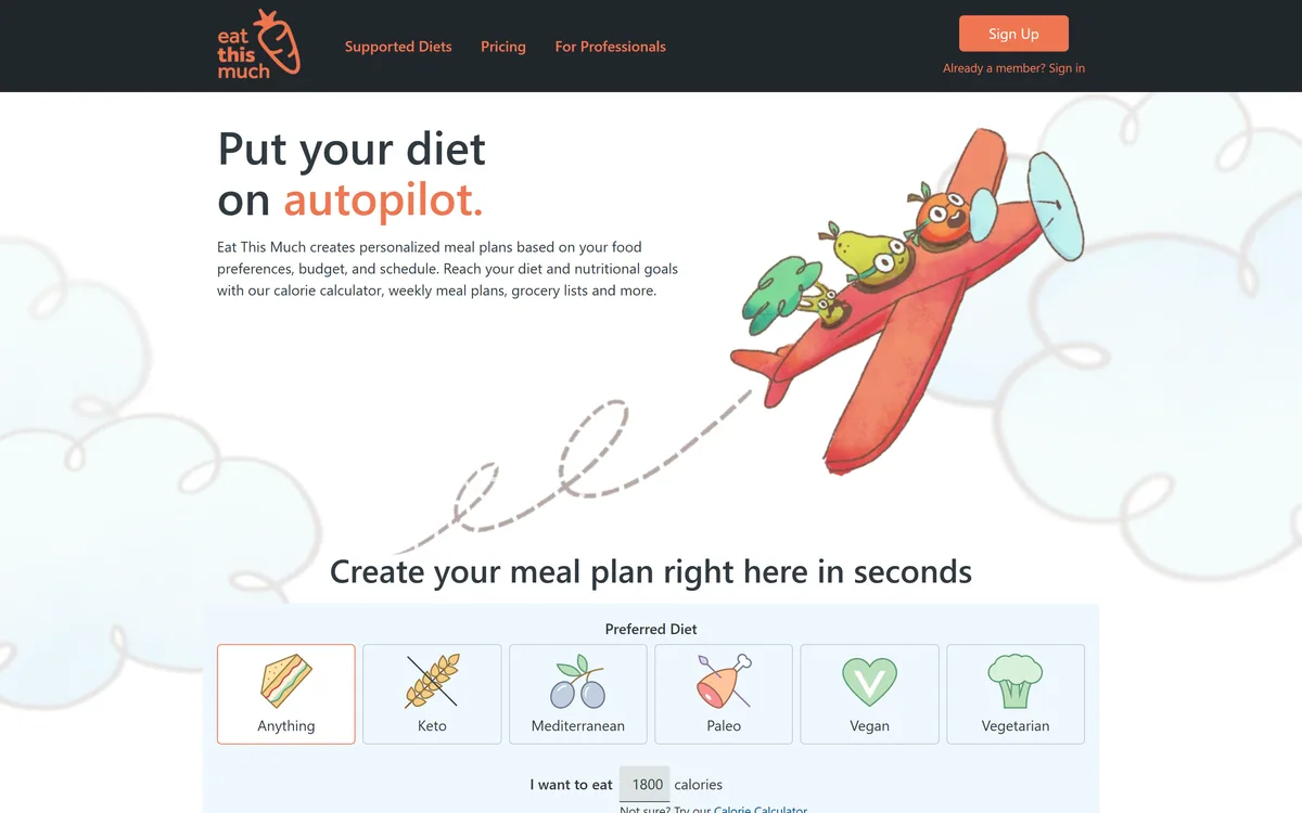Eat This Much homepage presenting its automatic meal planning service