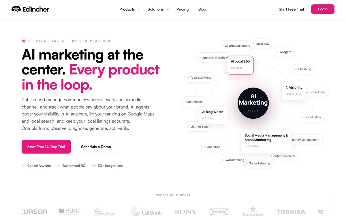eclincher's homepage describing an AI marketing automation platform for social media and local SEO