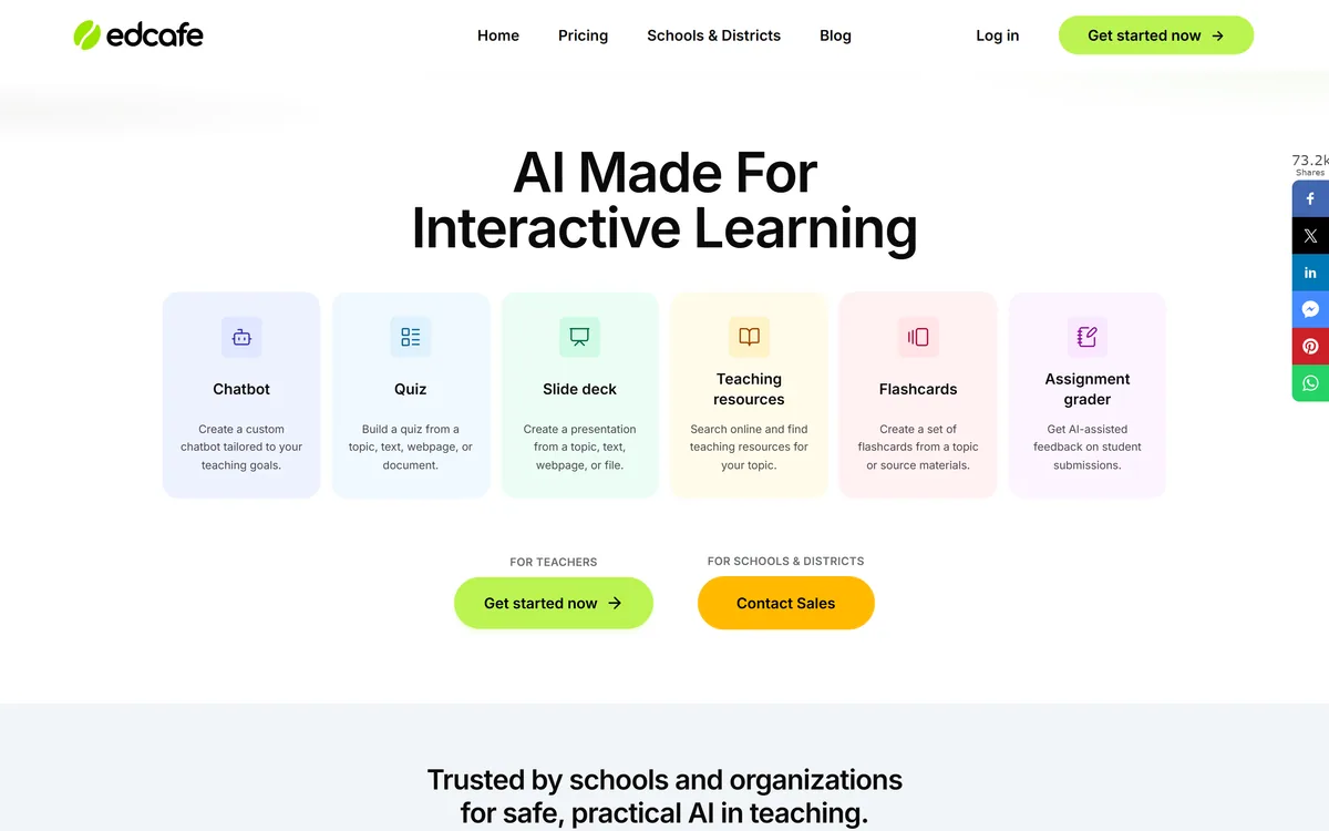 Edcafe AI's homepage describing an AI toolkit built for interactive learning in the classroom