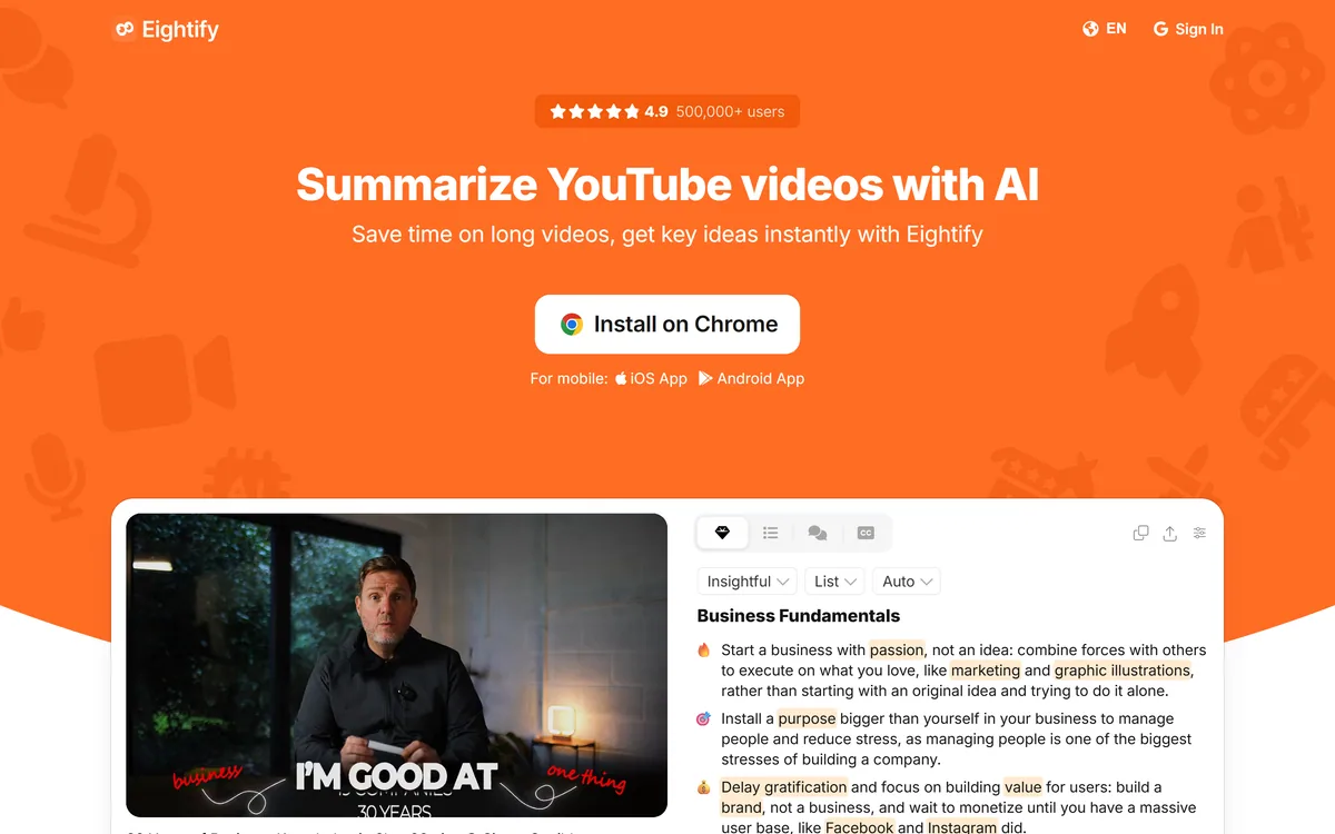 The Eightify homepage showing an AI YouTube video summarizer
