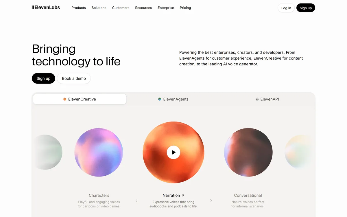 ElevenLabs homepage showing its AI voice generation platform and product entry points