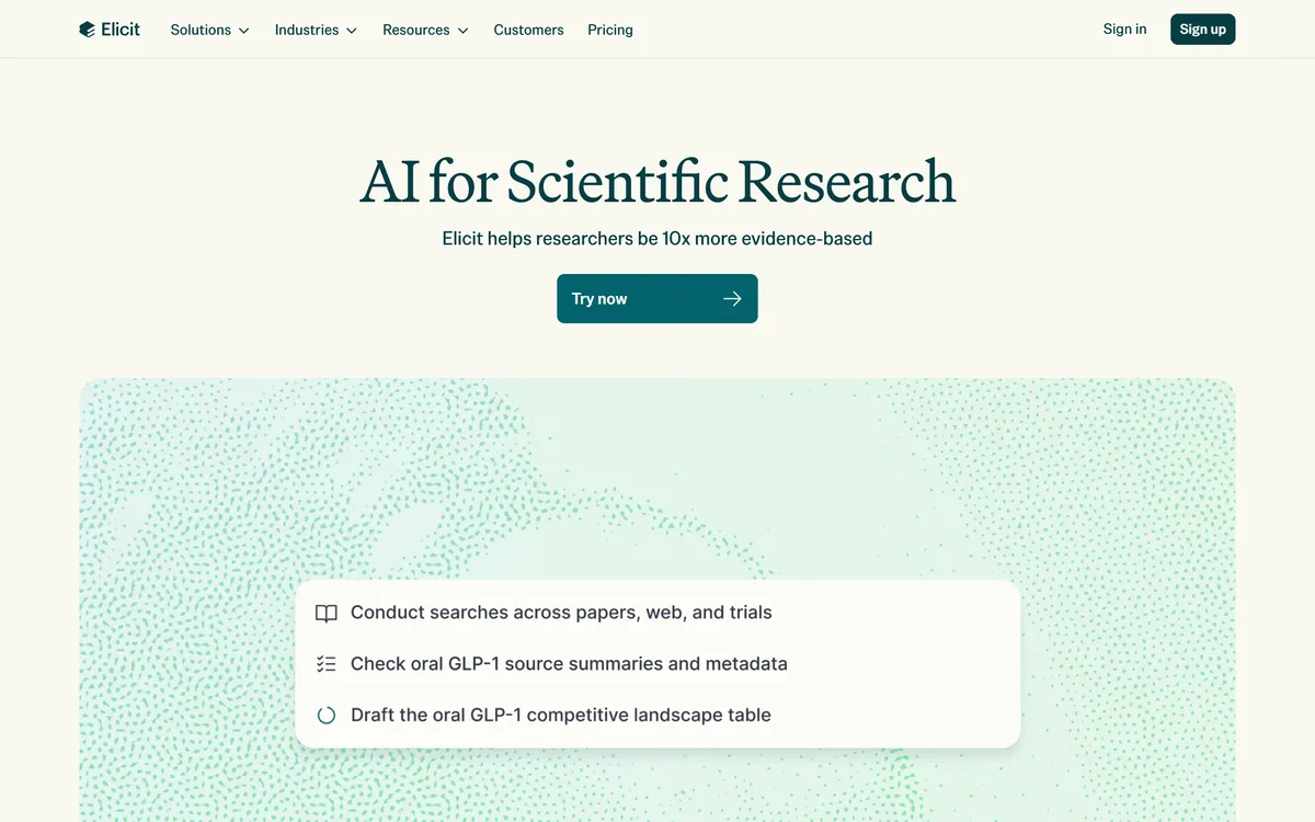 Elicit's homepage describing an AI research assistant for searching and analysing scientific papers