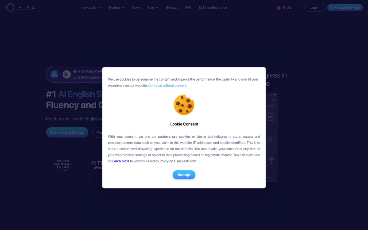 ELSA Speak homepage showing the AI English speaking app