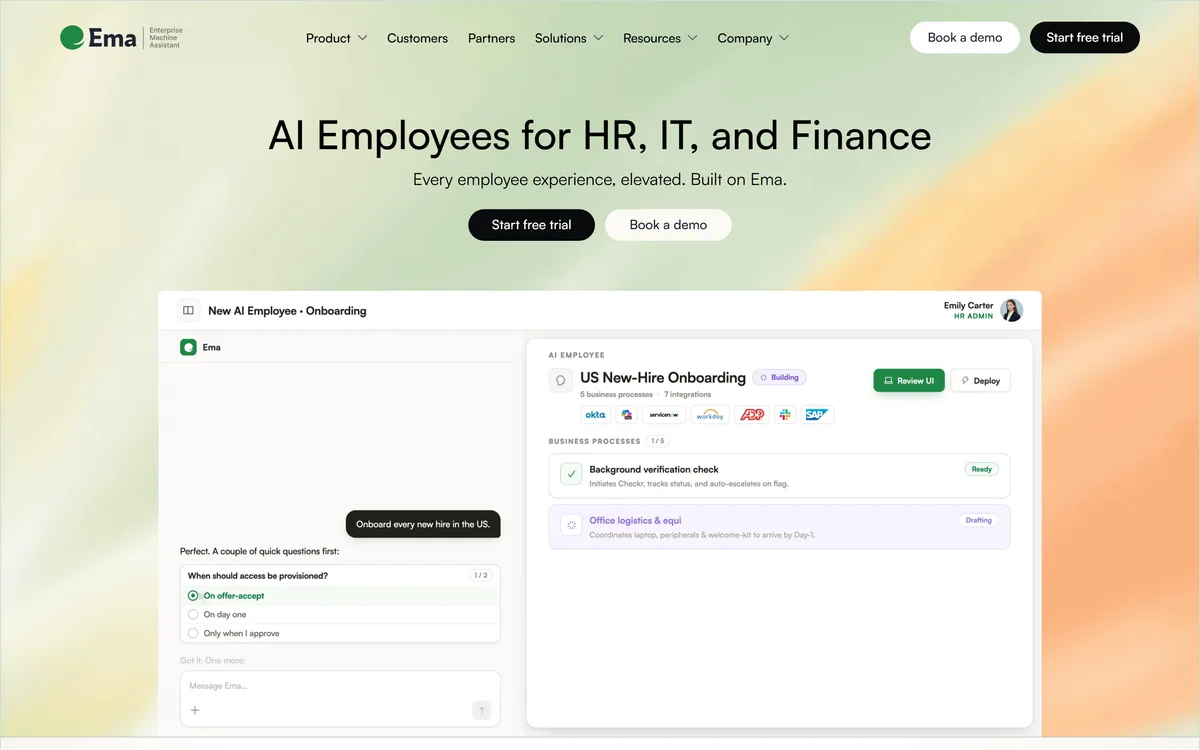 Ema homepage presenting Universal AI Employees for enterprise HR, IT and finance functions