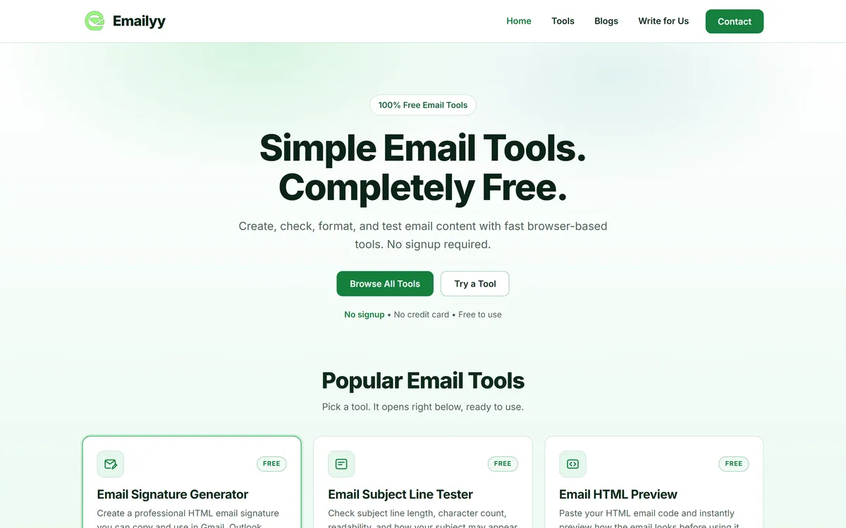 The Emailyy homepage headline, Simple Email Tools. Completely Free., above its popular tool cards