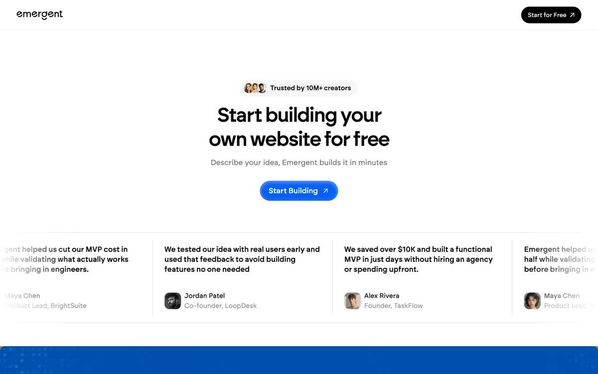 The Emergent homepage offering to build web and mobile apps from a description