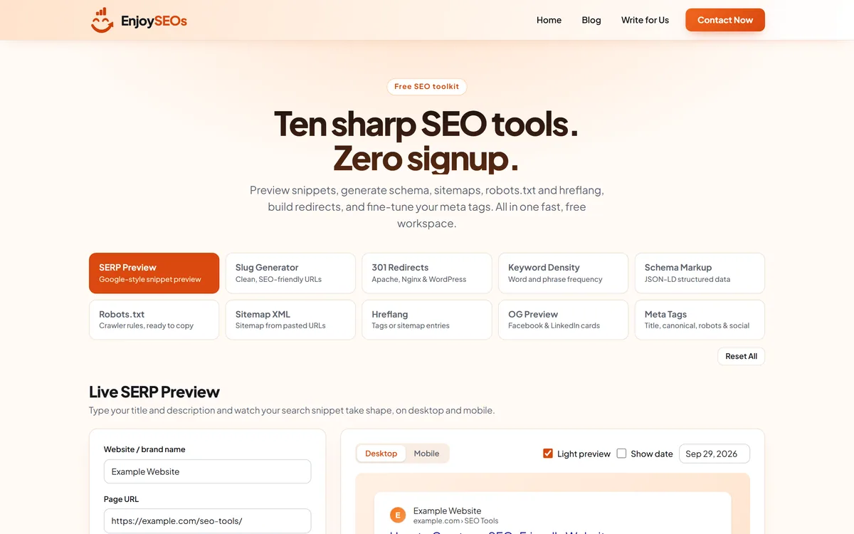 The EnjoySEOs homepage with ten SEO tool tabs above a live SERP preview form