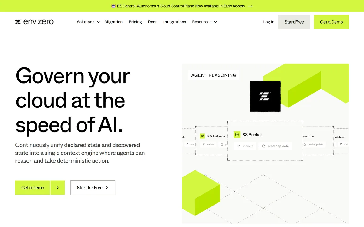 The env0 homepage describing an autonomous cloud control plane for the AI era