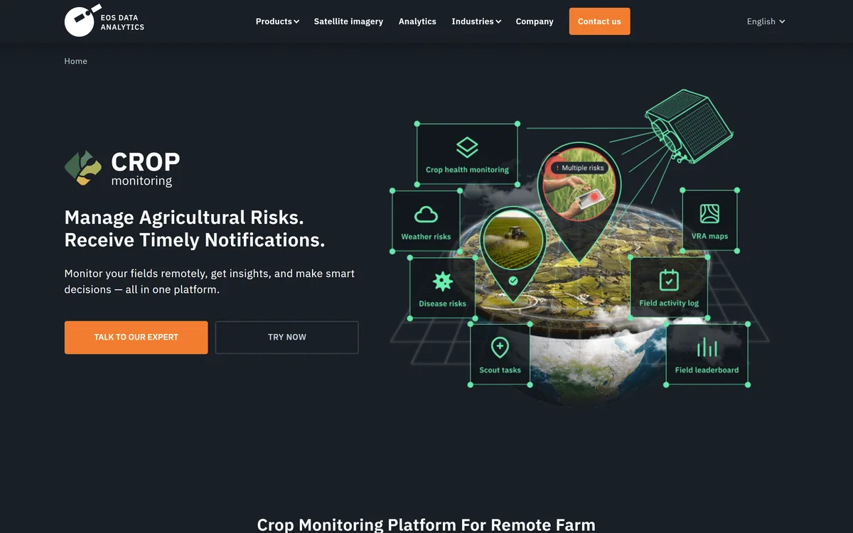 EOSDA Crop Monitoring's product page showing remote field monitoring with satellite imagery and vegetation analytics