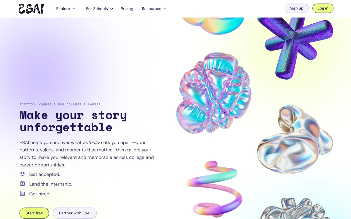 ESAI homepage showing college and career positioning tools for students