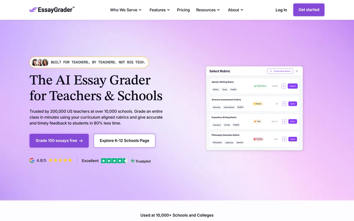 The EssayGrader homepage describing an AI essay grader built for teachers and schools